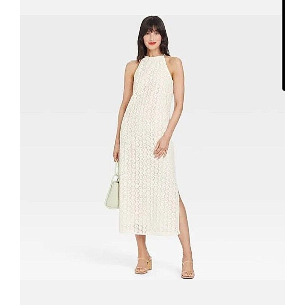 A New Day 100% Cotton White Crochet Lace Sleeveless Halter Summer Dress